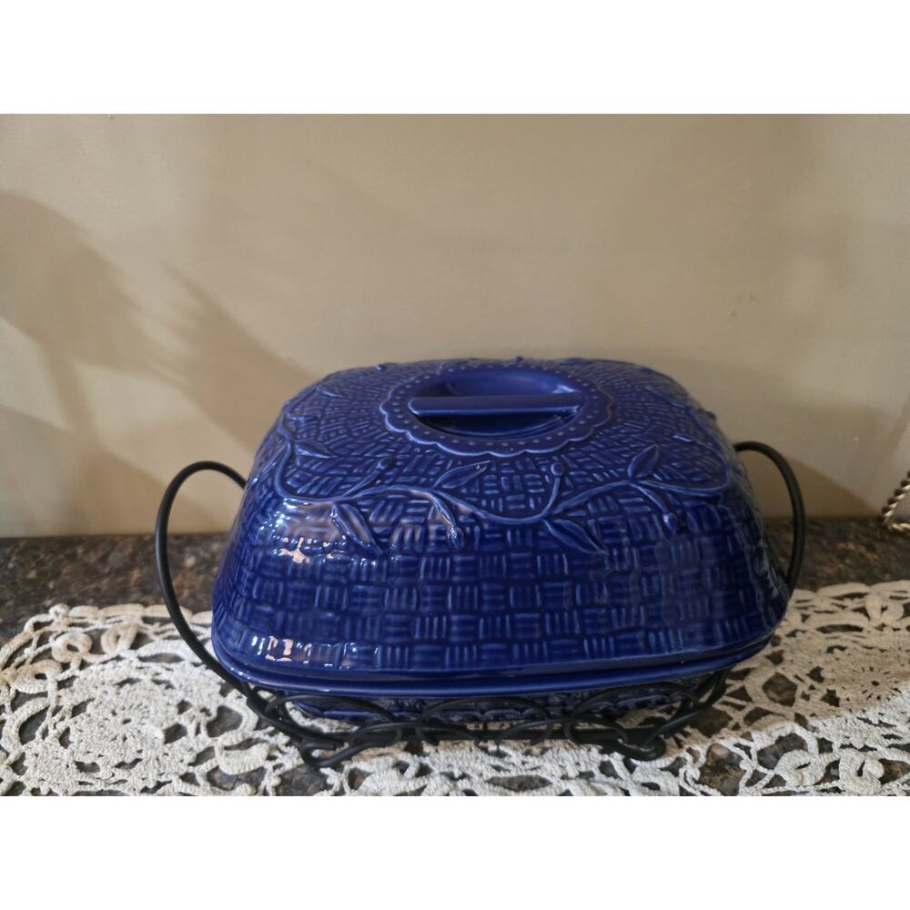Temp-tations Orchard Vine Blue Ceramic 4qt Casserole Dish Set w/Lid & Rack